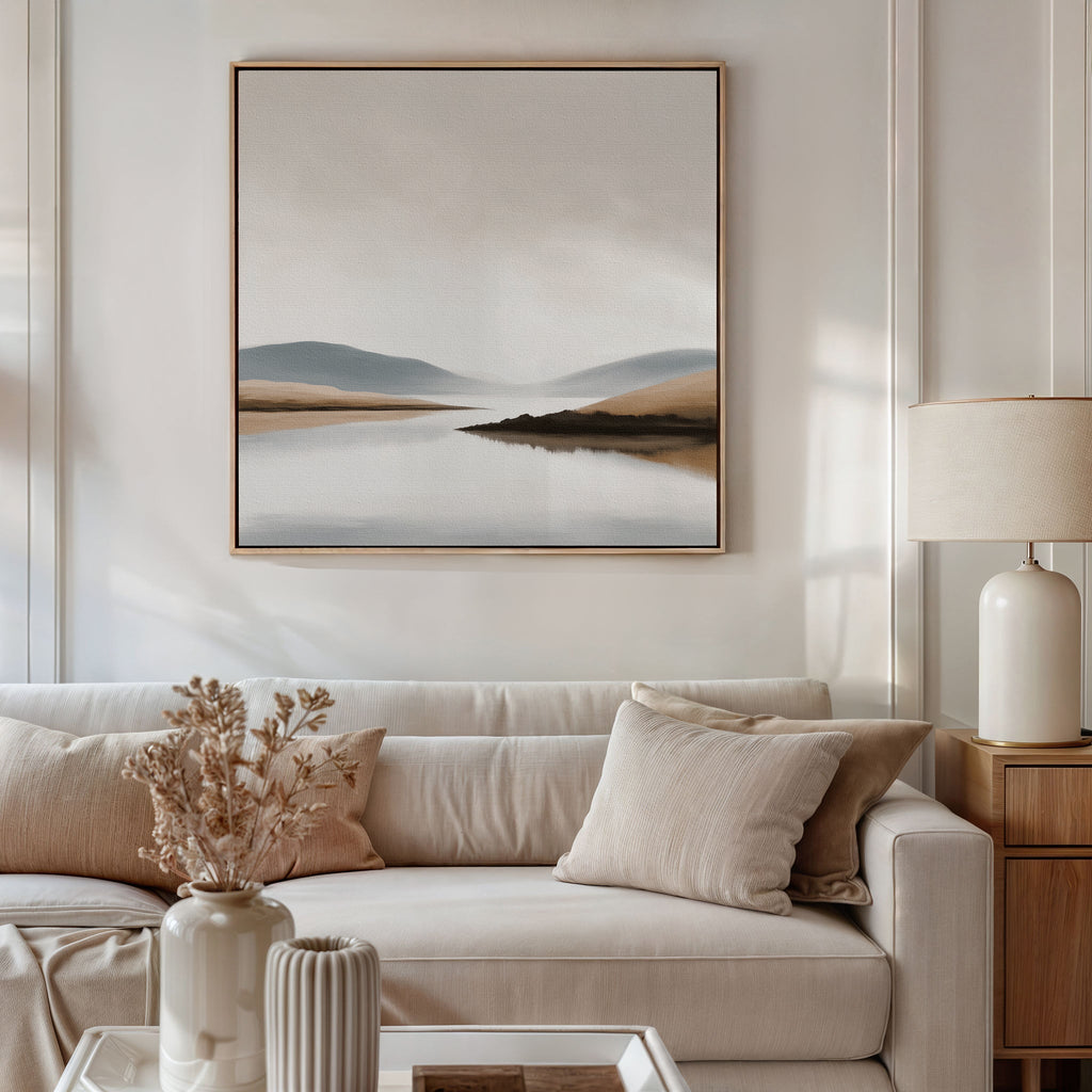 Whispers of the Still Lake – beige and white landscape canvas wall art print by Aspire Prints