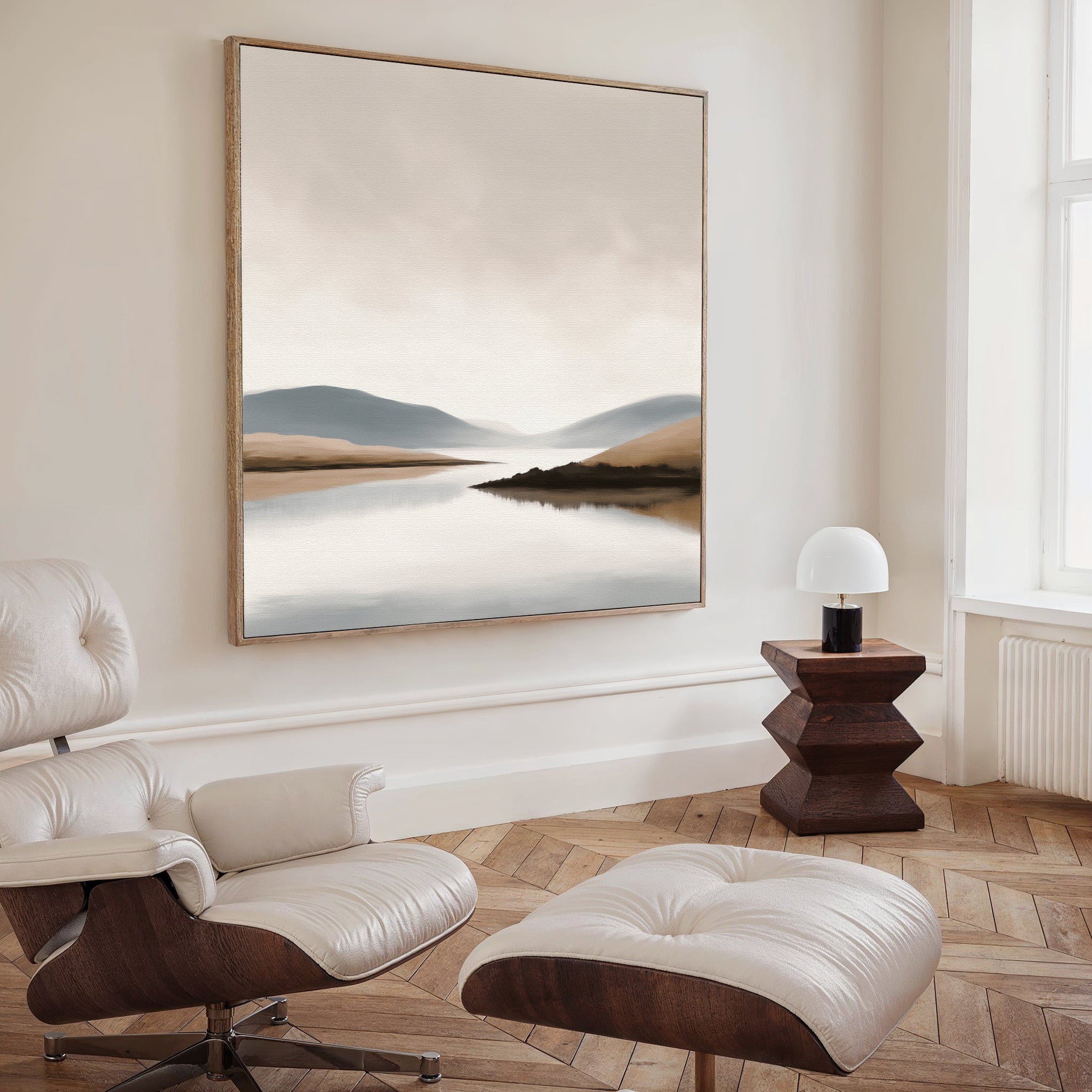 Whispers of the Still Lake – beige and white landscape canvas wall art print by Aspire Prints