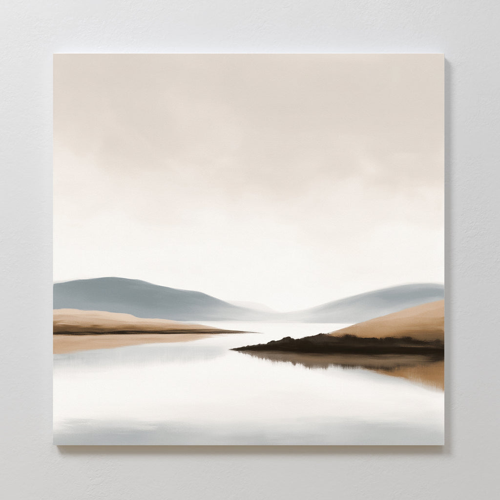 Whispers of the Still Lake – beige and white landscape canvas wall art print by Aspire Prints