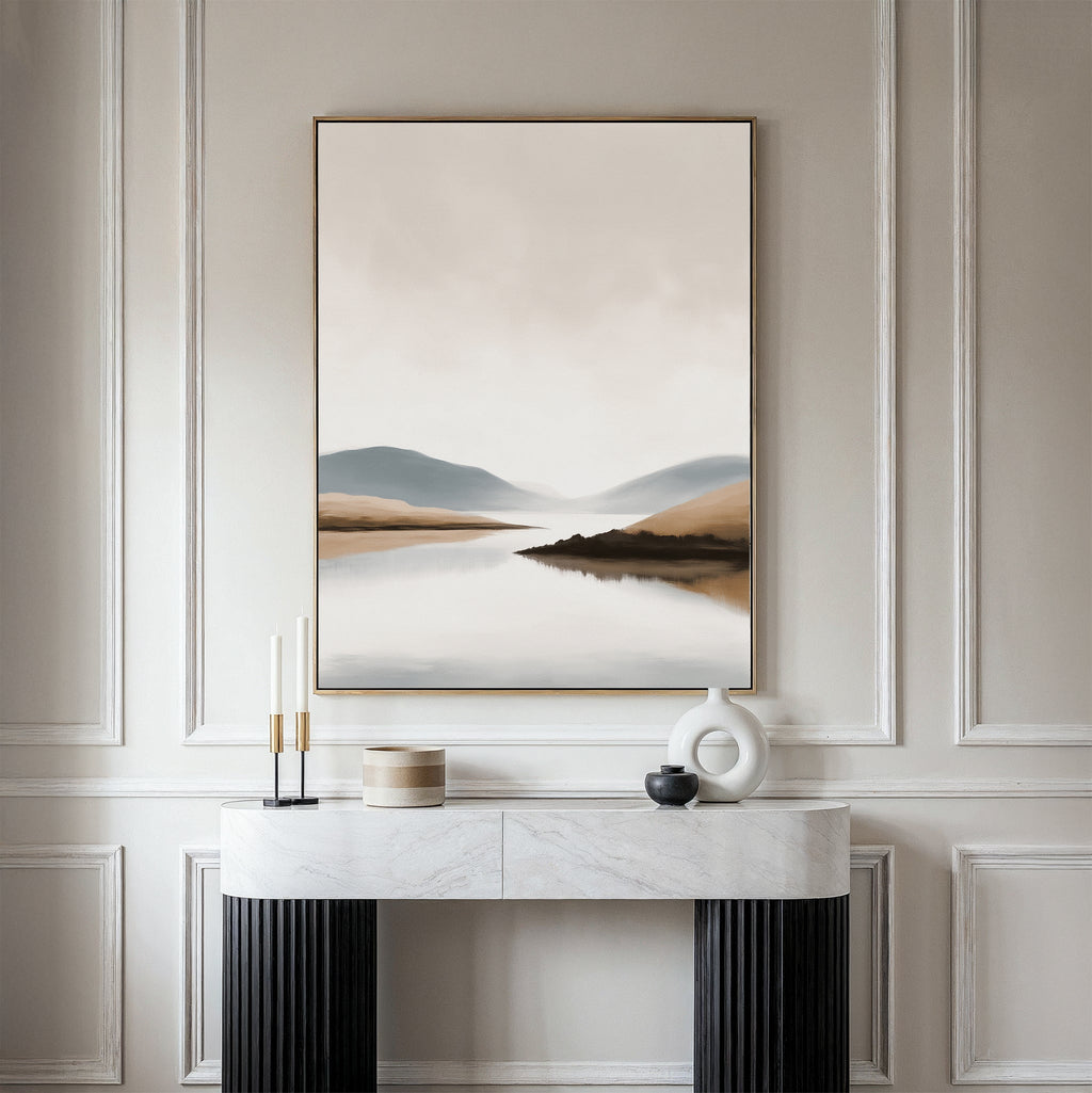Whispers of the Still Lake – beige and white landscape canvas wall art print by Aspire Prints