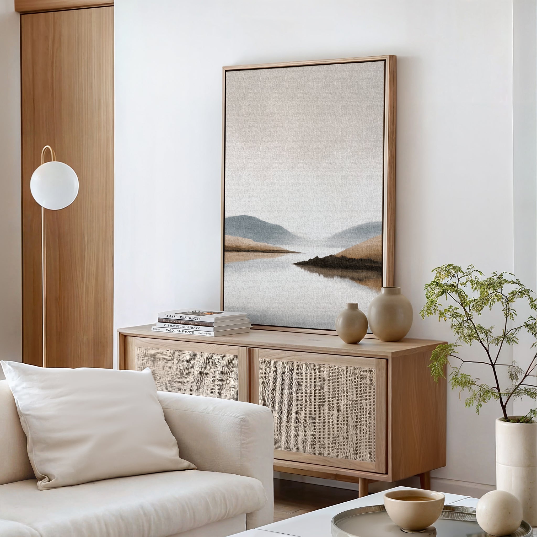 Whispers of the Still Lake – beige and white landscape canvas wall art print by Aspire Prints
