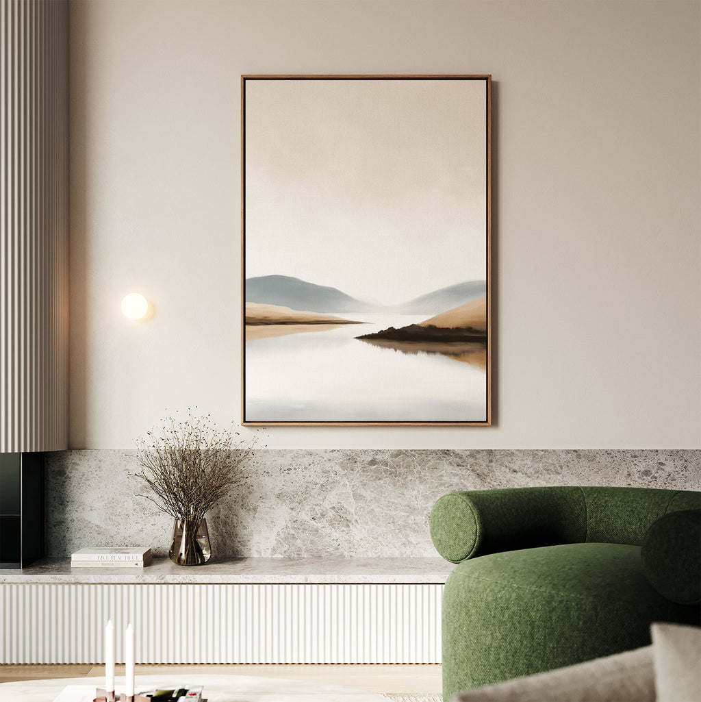 Whispers of the Still Lake – beige and white landscape canvas wall art print by Aspire Prints
