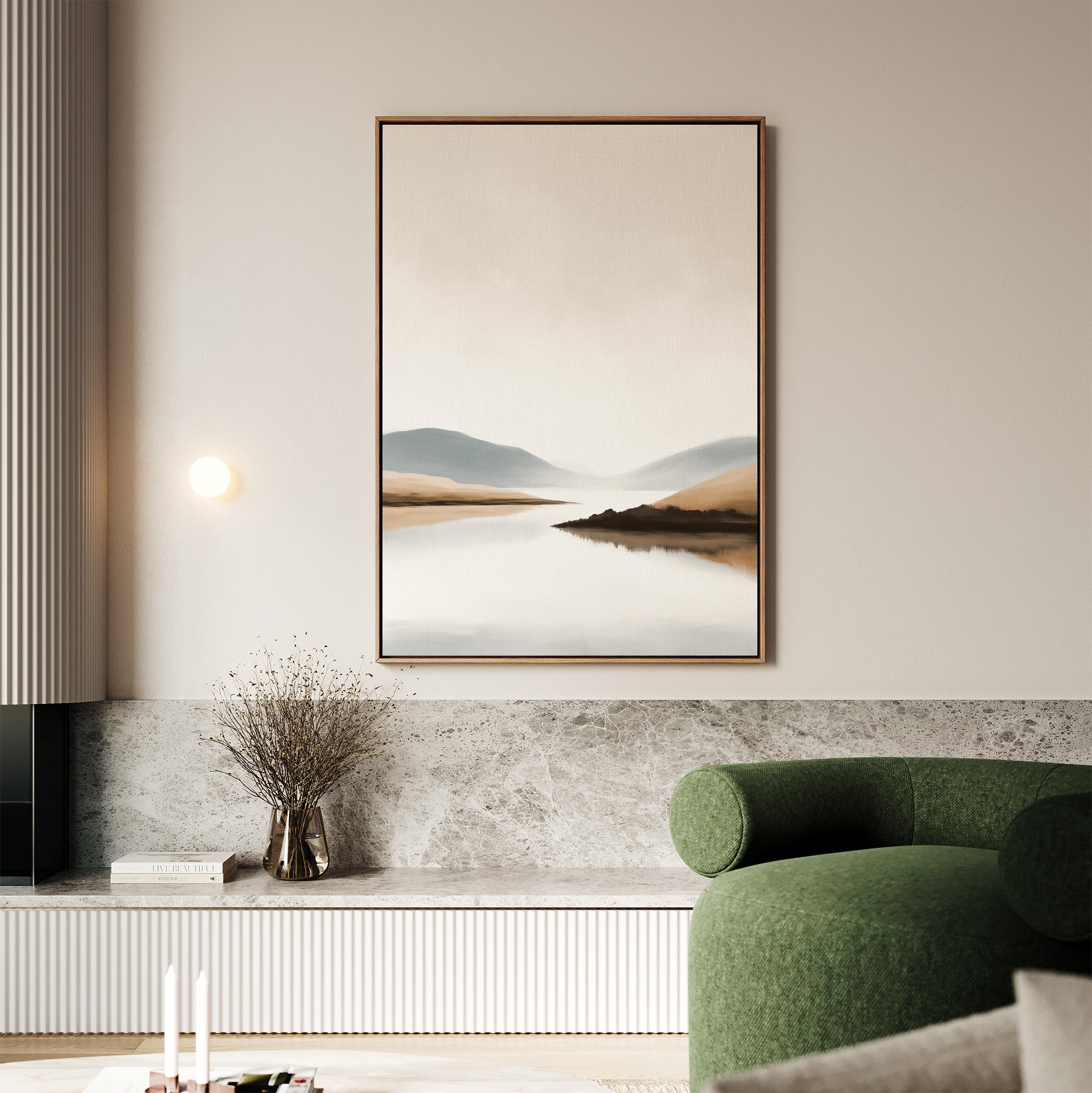 Whispers of the Still Lake – beige and white landscape canvas wall art print by Aspire Prints