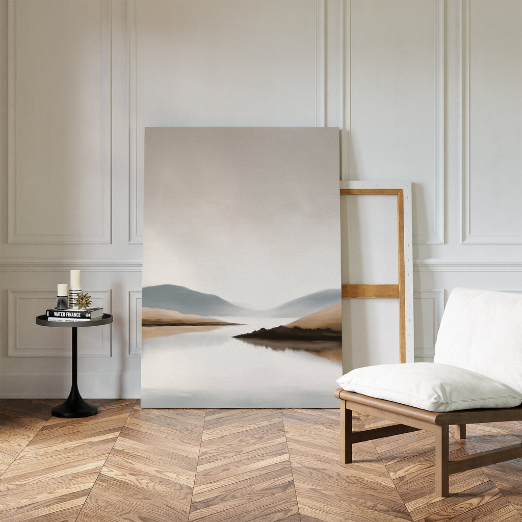 Whispers of the Still Lake – beige and white landscape canvas wall art print by Aspire Prints