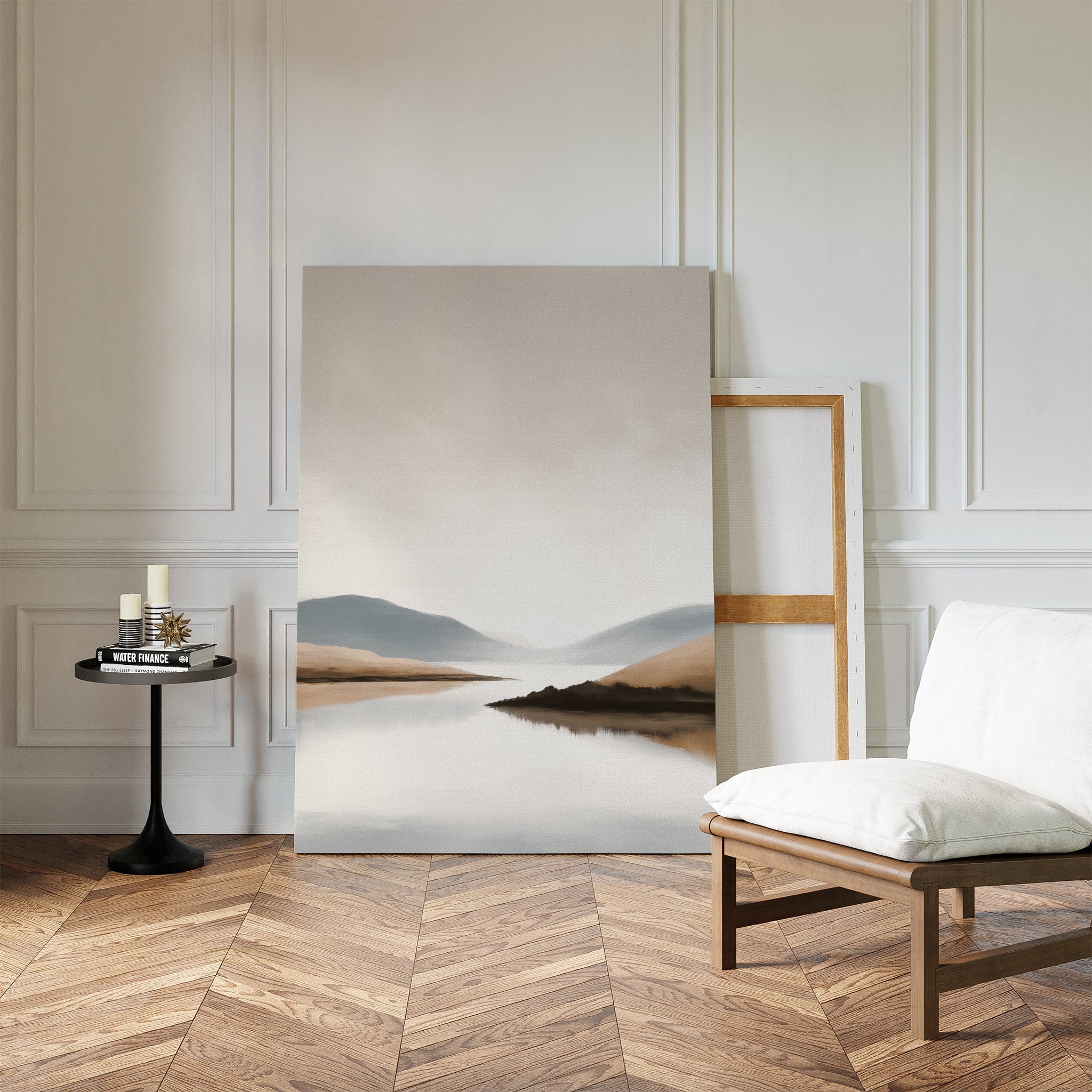 Whispers of the Still Lake – beige and white landscape canvas wall art print by Aspire Prints