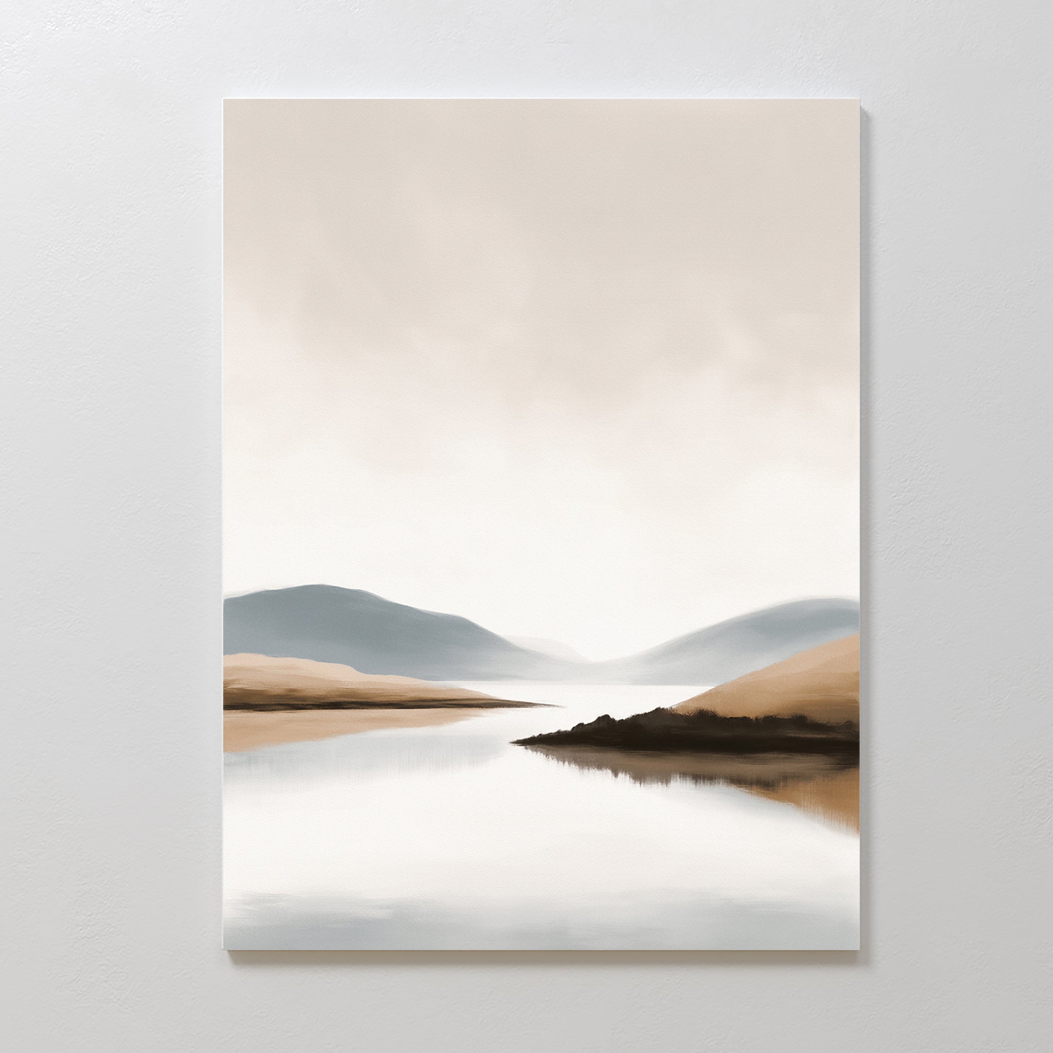 Whispers of the Still Lake – beige and white landscape canvas wall art print by Aspire Prints