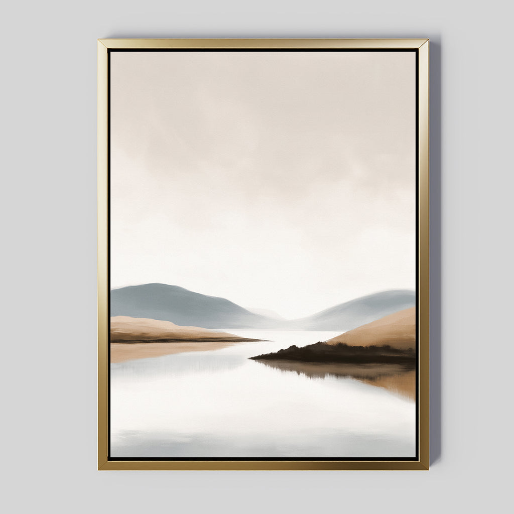 Whispers of the Still Lake – beige and white landscape canvas wall art print by Aspire Prints