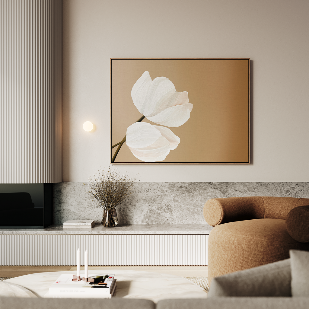 Whispers in Bloom – beige and white botanical canvas wall art print by Aspire Prints