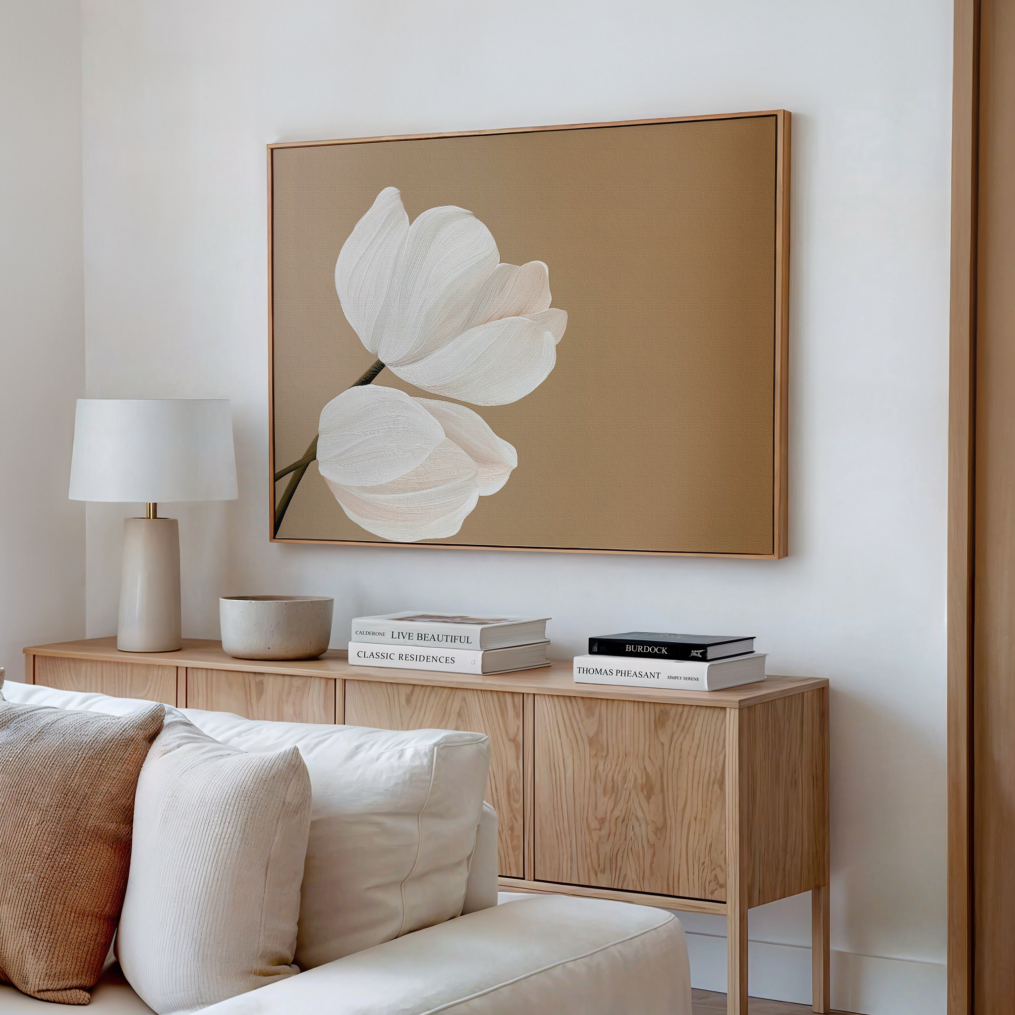 Whispers in Bloom – beige and white botanical canvas wall art print by Aspire Prints