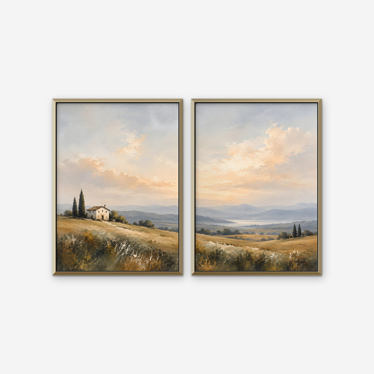 Tuscan Hills Canvas Art - Set of 2 – Gold Floating Frame on white background