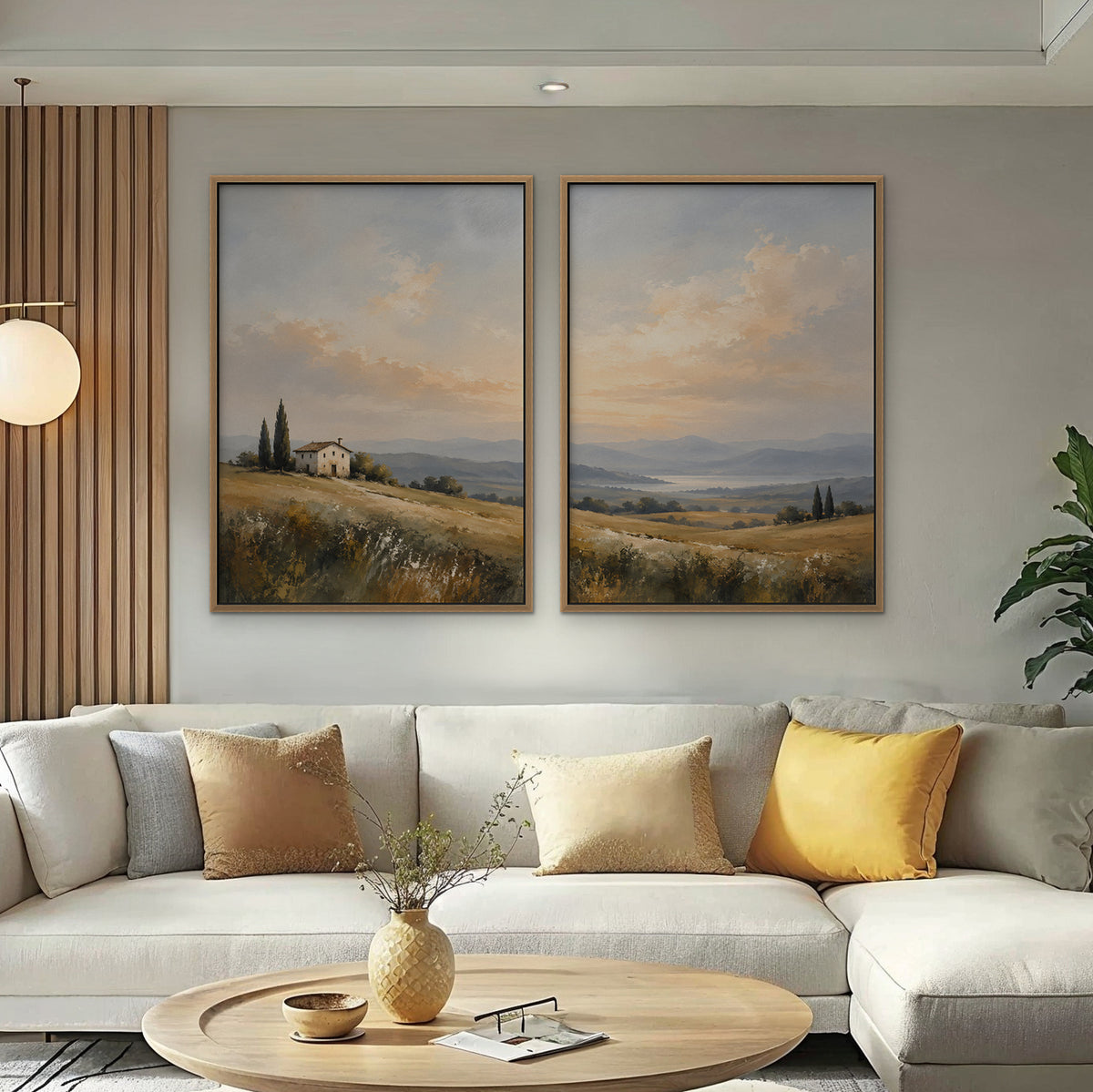 Tuscan Hills Canvas Art - Set of 2 – Oak Floating Frame in room setting