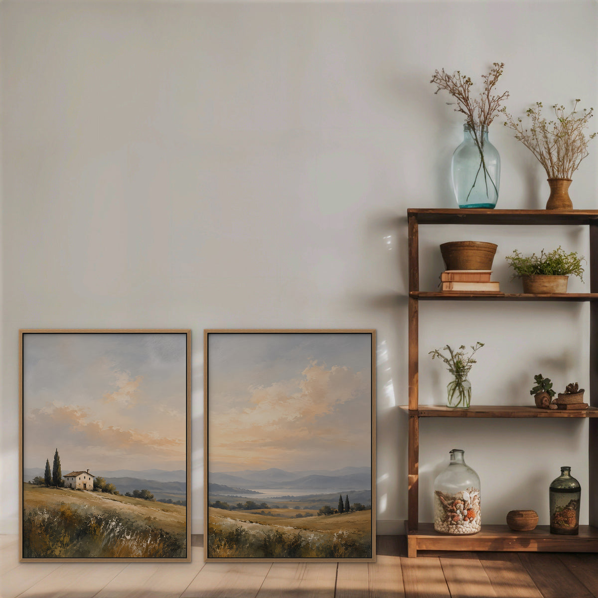 Tuscan Hills Canvas Art - Set of 2 – Oak Floating Frame in room setting