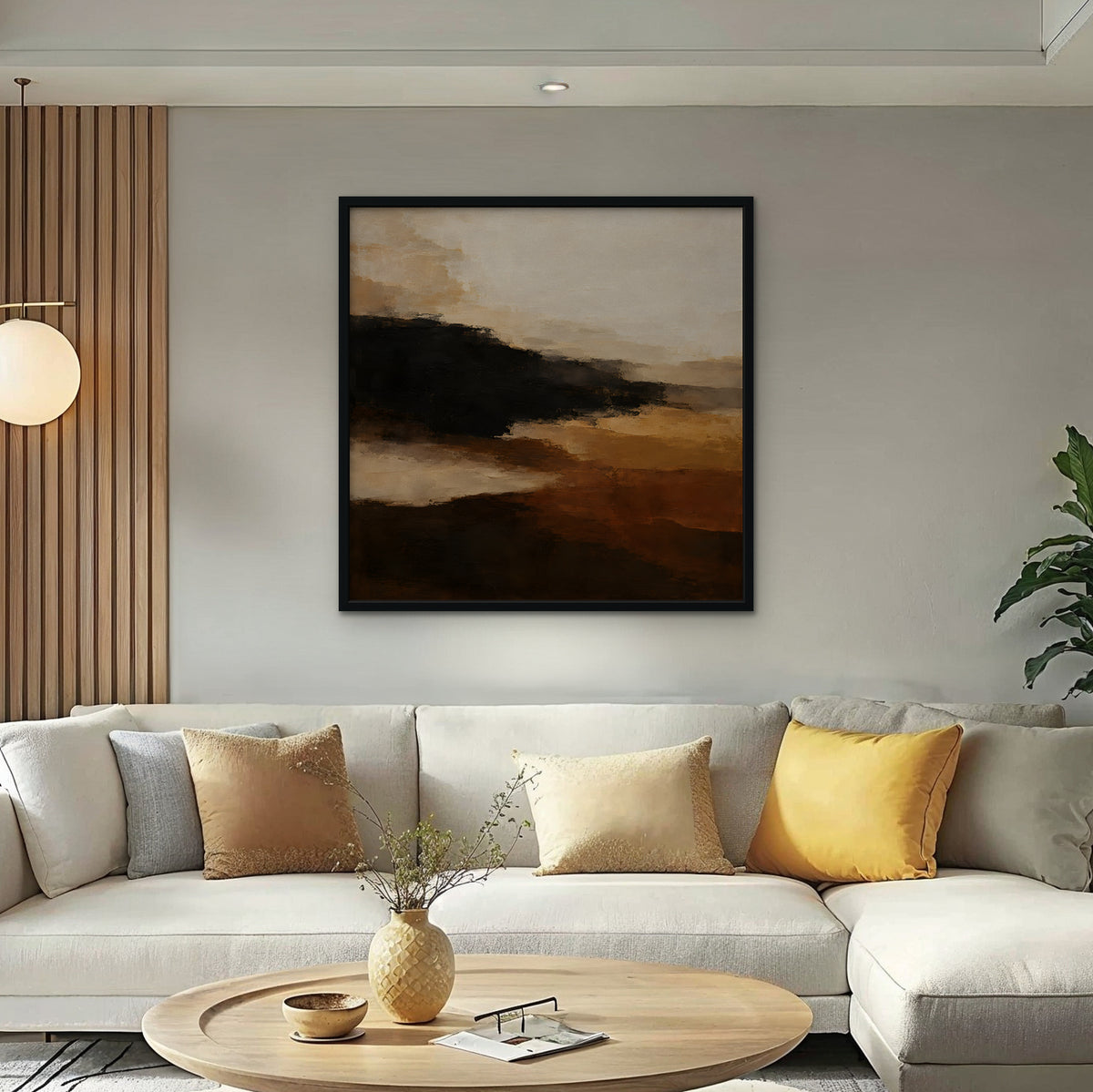 Umber Horizon Canvas Art - Square – Black Floating Frame in room setting