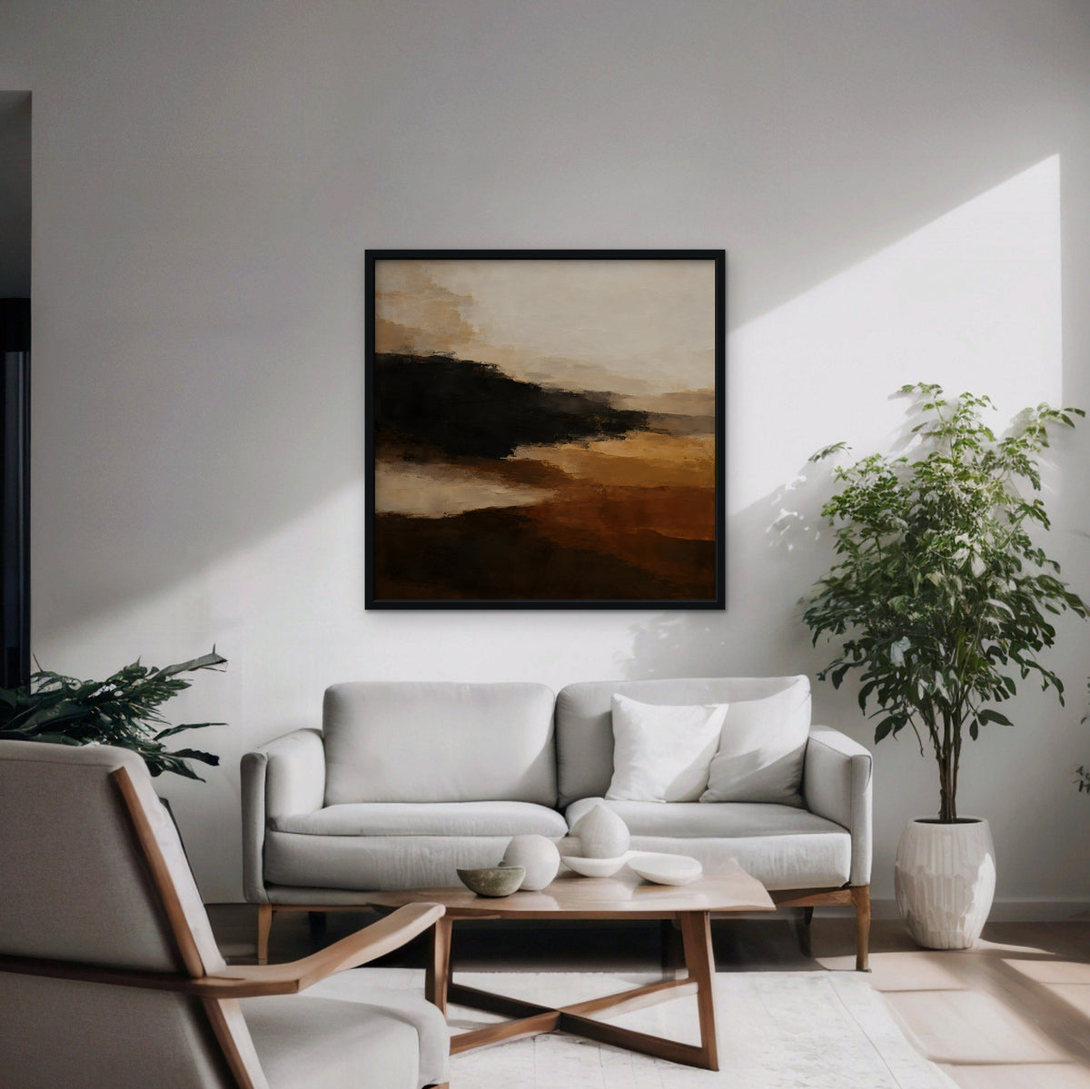 Umber Horizon Canvas Art - Square – Black Floating Frame in room setting