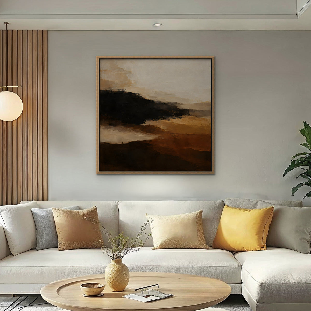 Umber Horizon Canvas Art - Square – Oak Floating Frame in room setting