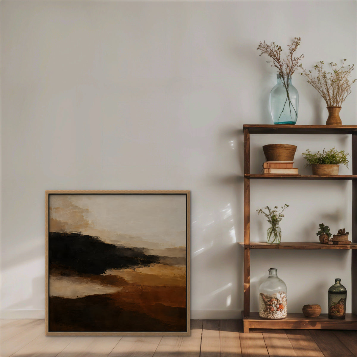 Umber Horizon Canvas Art - Square – Oak Floating Frame in room setting