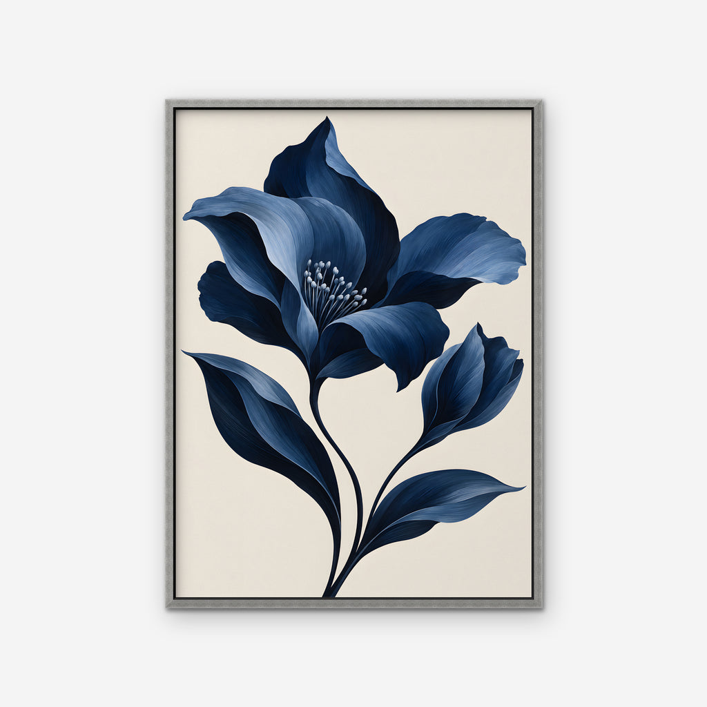Velvet Blue Flower Canvas Art - Vertical – Silver Floating Frame on white background