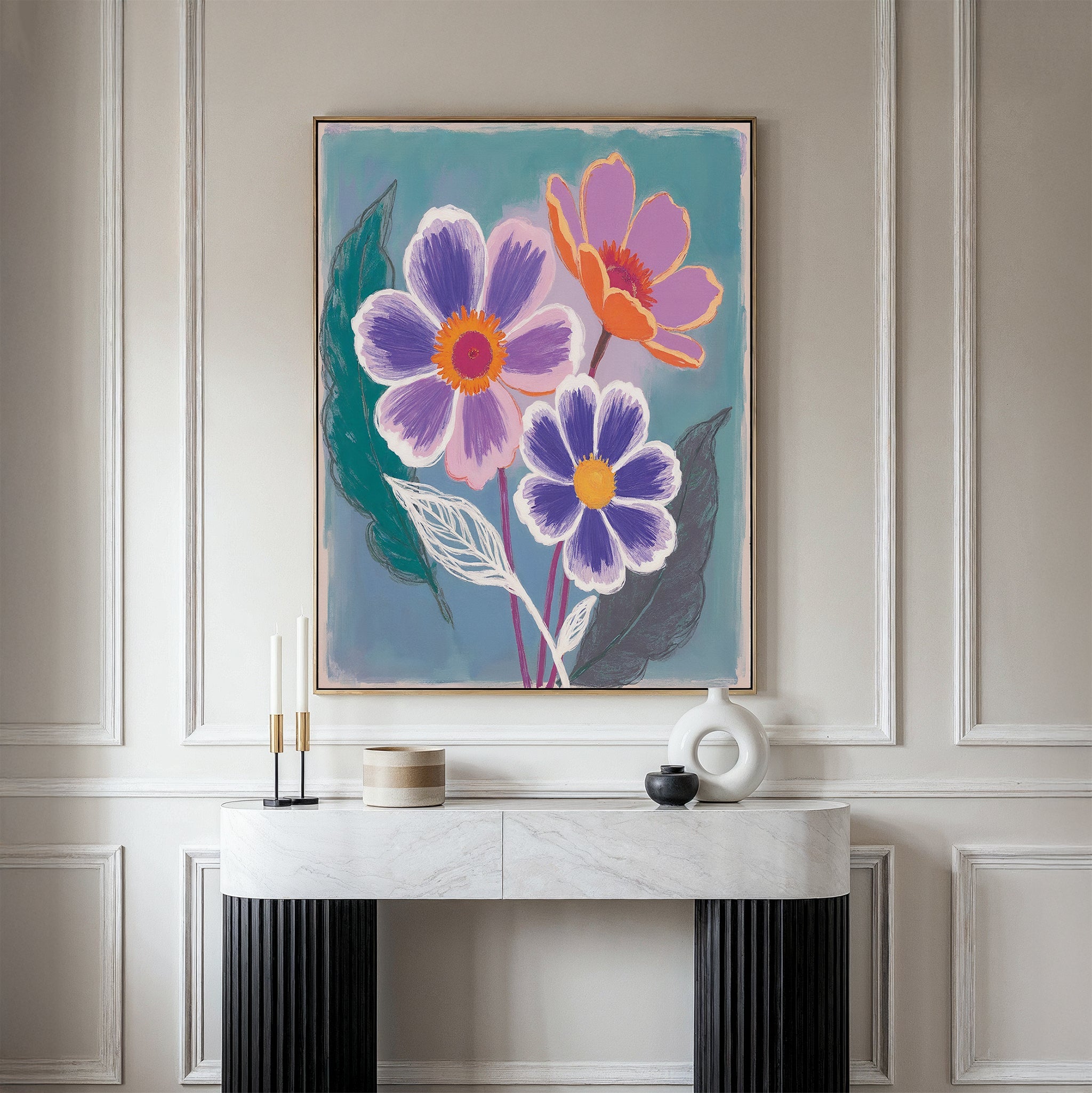 Bloom in Violet & Coral – blush pink botanical canvas wall art print by Aspire Prints