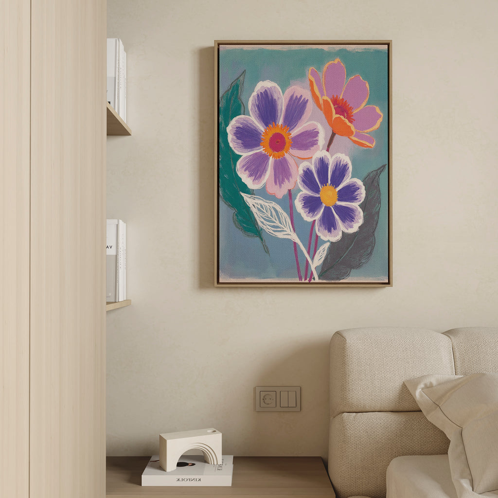 Bloom in Violet & Coral – blush pink botanical canvas wall art print by Aspire Prints