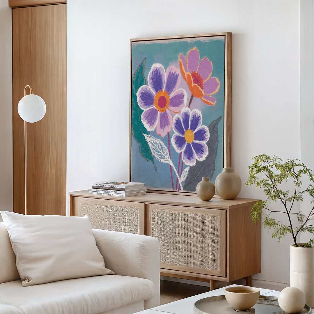 Bloom in Violet & Coral – blush pink botanical canvas wall art print by Aspire Prints