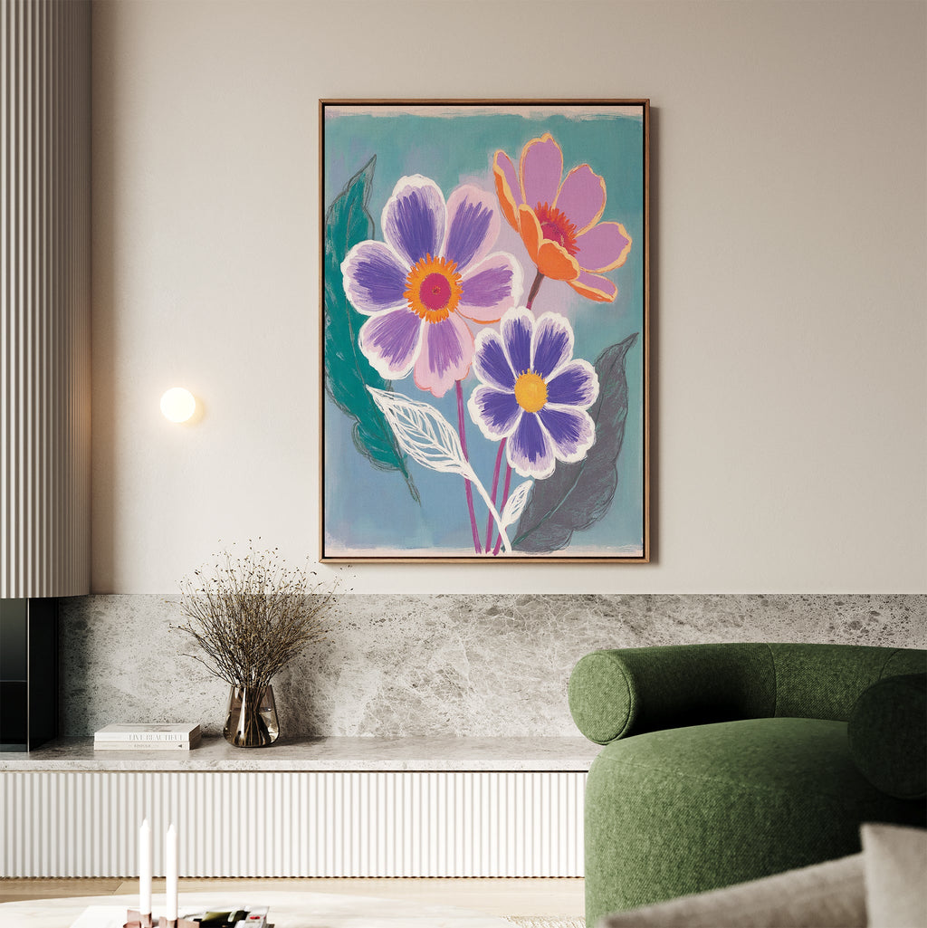 Bloom in Violet & Coral – blush pink botanical canvas wall art print by Aspire Prints