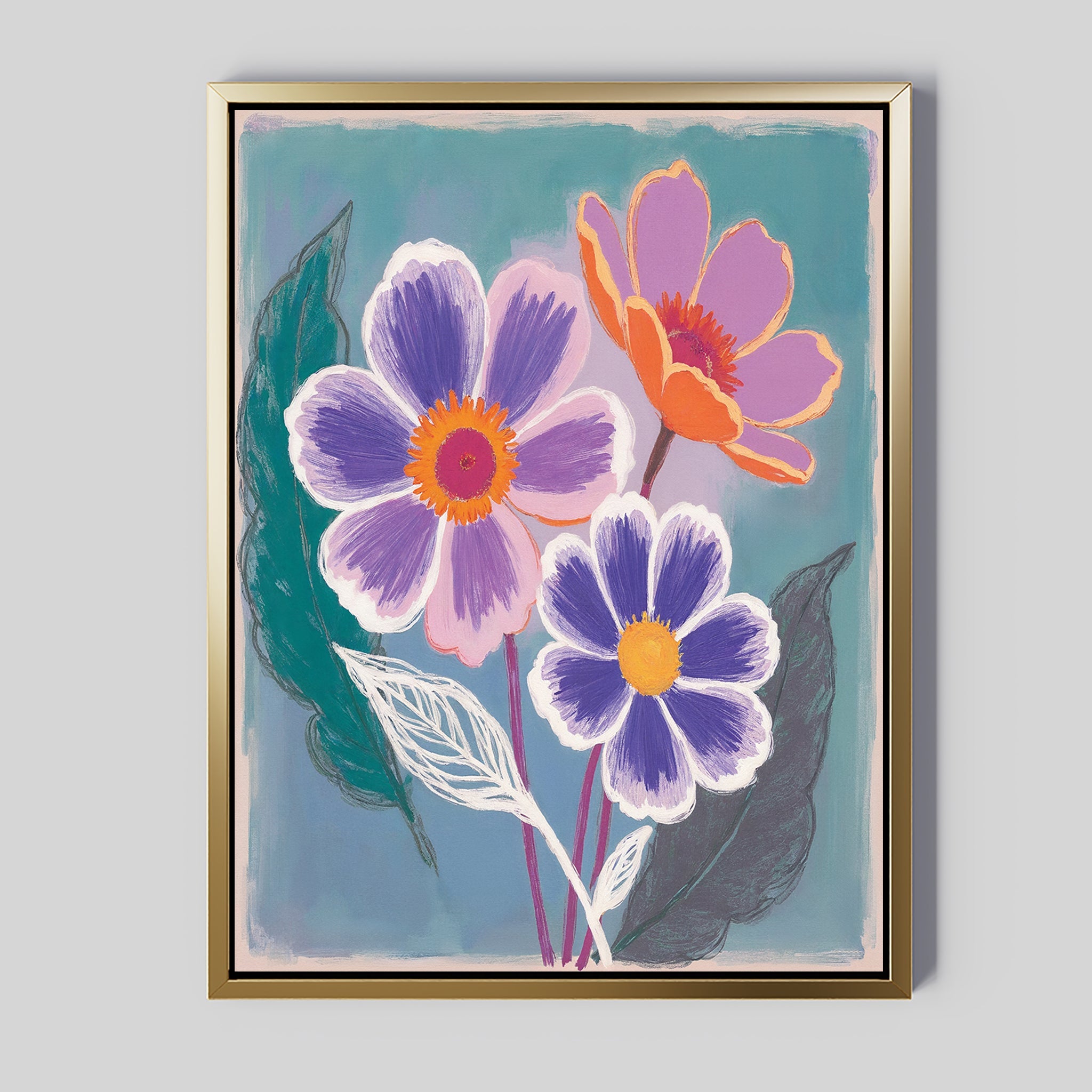 Bloom in Violet & Coral – blush pink botanical canvas wall art print by Aspire Prints