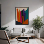 Vivid Color Columns Canvas Art – vertical bold multicolor abstract print in a black floating frame in a modern living room