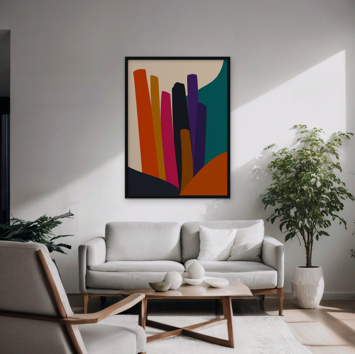 Vivid Color Columns Canvas Art – vertical bold multicolor abstract print in a black floating frame in a modern living room