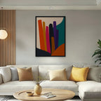 Vivid Color Columns Canvas Art – vertical bold multicolor abstract print in a black floating frame in a bright living room