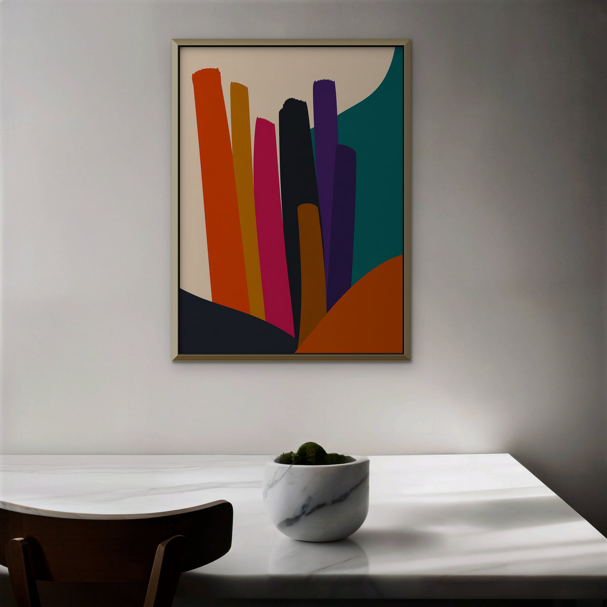 Vivid Color Columns Canvas Art – vertical bold multicolor abstract print in a gold floating frame in a dining room