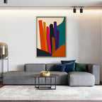 Vivid Color Columns Canvas Art – vertical bold multicolor abstract print in a gold floating frame in a living room with charcoal accents