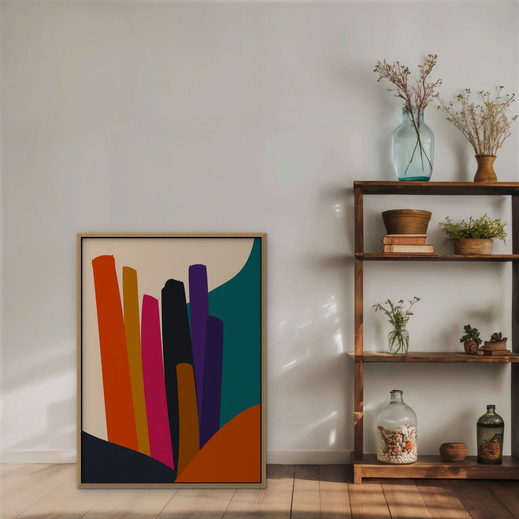 Vivid Color Columns Canvas Art – vertical bold multicolor abstract print in an oak floating frame styled on a shelf