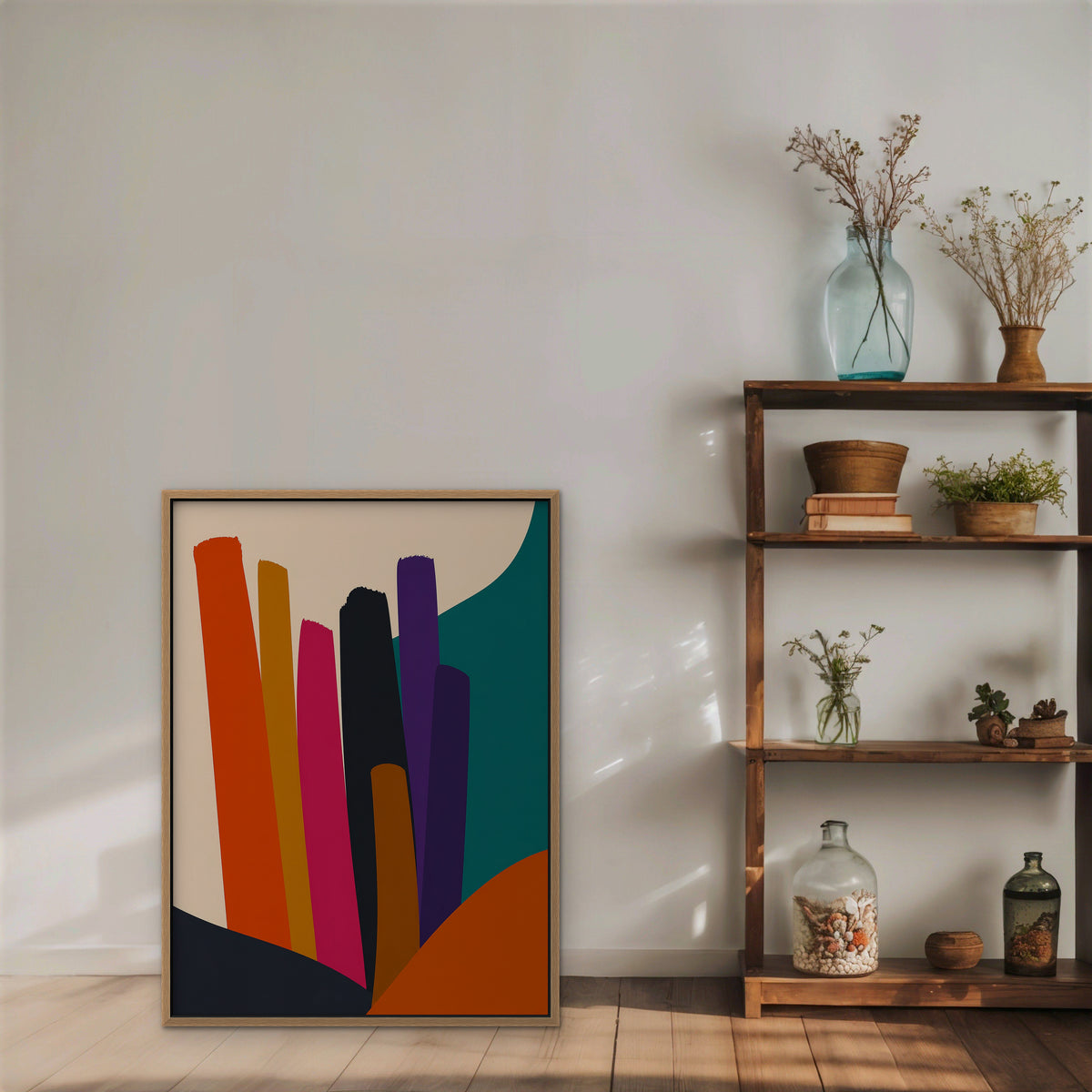Vivid Color Columns Canvas Art – vertical bold multicolor abstract print in an oak floating frame styled on a shelf