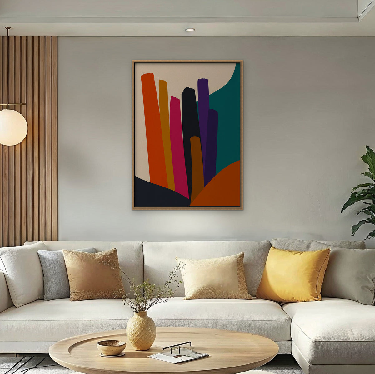 Vivid Color Columns Canvas Art – vertical bold multicolor abstract print in an oak floating frame in a bright living room