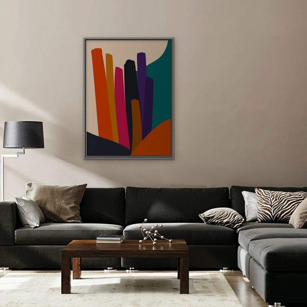 Vivid Color Columns Canvas Art - Vertical – Silver Floating Frame in room setting