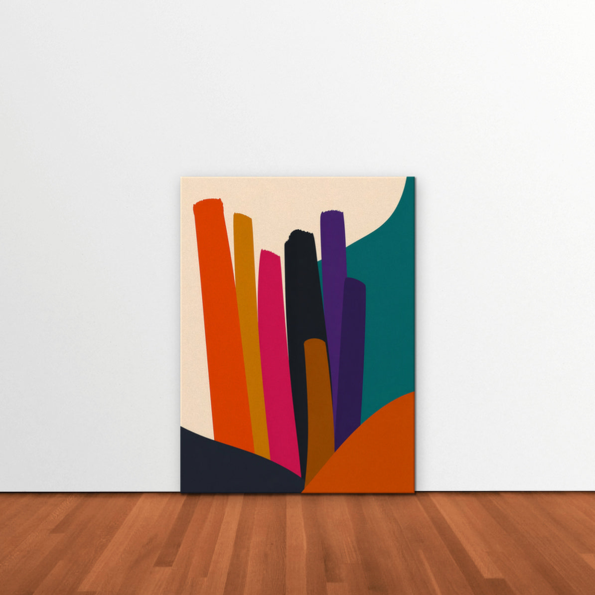 Vivid Color Columns Canvas Art – vertical bold multicolor abstract print as a gallery-wrapped canvas leaning against a white wall
