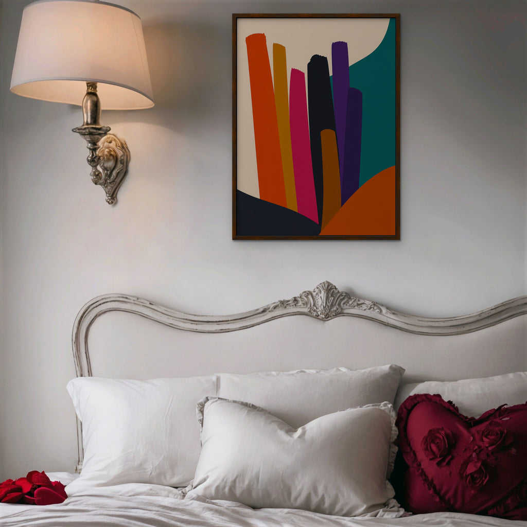 Vivid Color Columns Canvas Art – vertical bold multicolor abstract print in a walnut floating frame in a bedroom