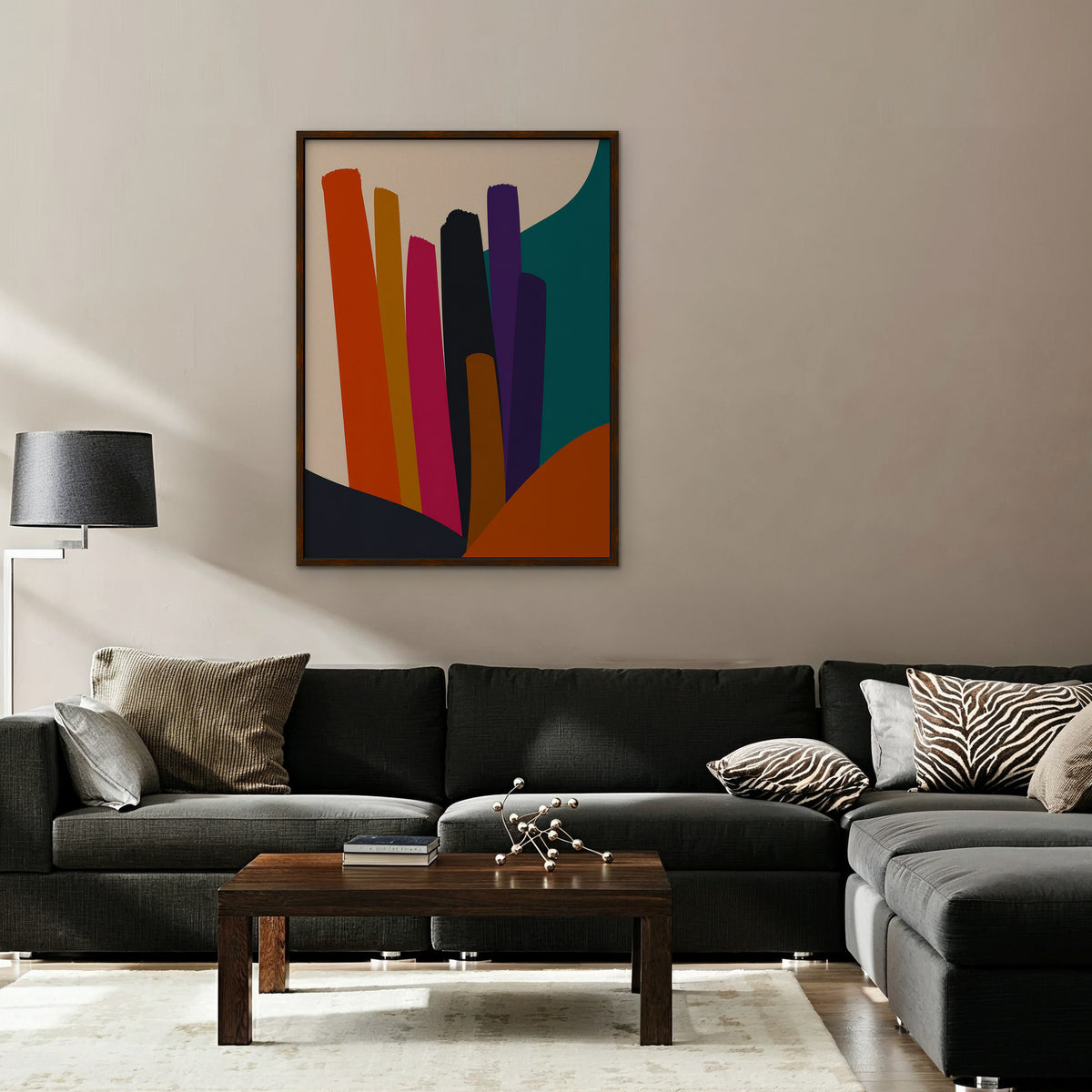 Vivid Color Columns Canvas Art – vertical bold multicolor abstract print in a walnut floating frame in a taupe living room