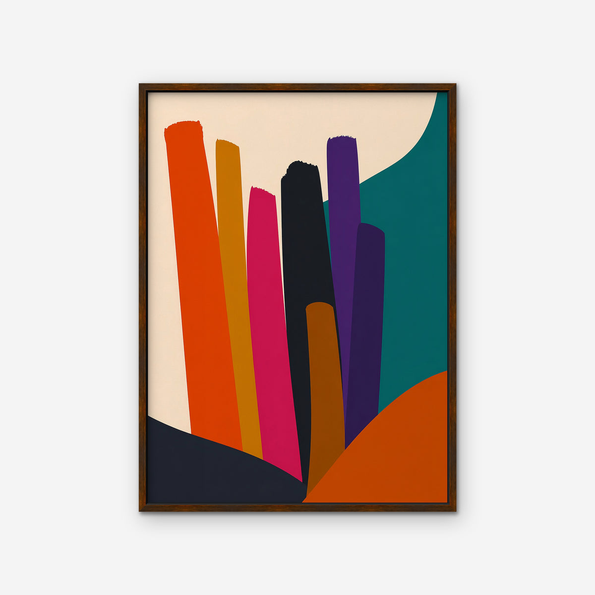 Vivid Color Columns Canvas Art – vertical bold multicolor abstract print in a walnut floating frame on a white background