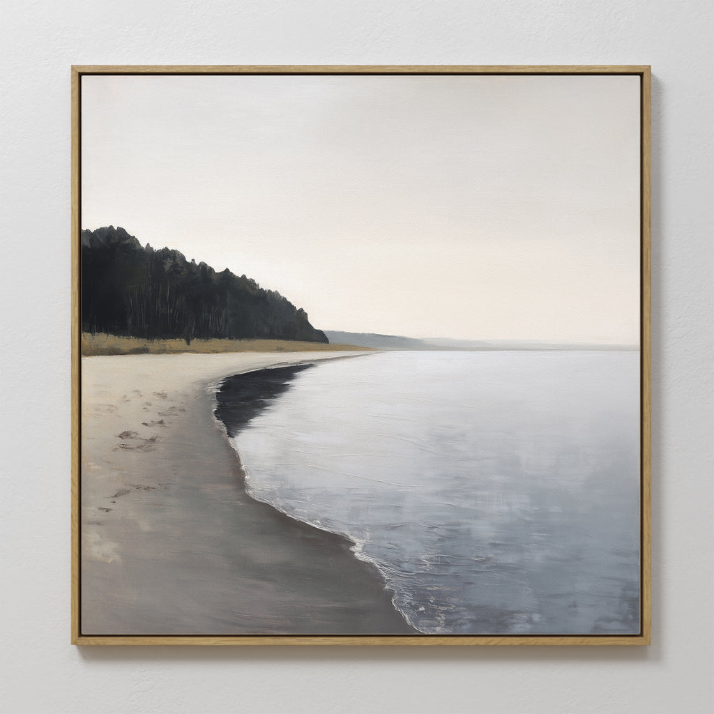 Quiet Tides at the Edge of Pines – neutral-toned coastal canvas wall art print by Aspire Prints