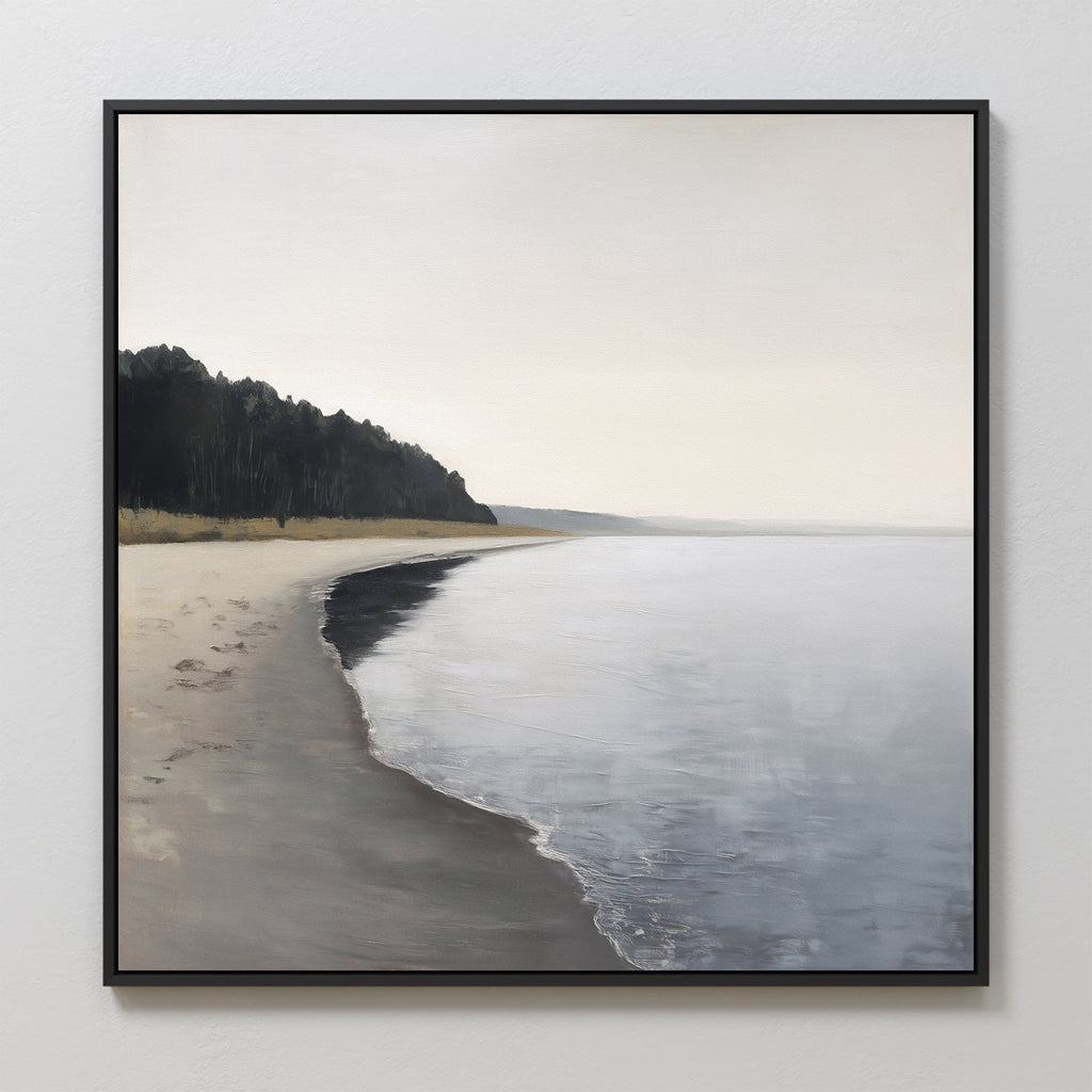 Quiet Tides at the Edge of Pines – neutral-toned coastal canvas wall art print by Aspire Prints