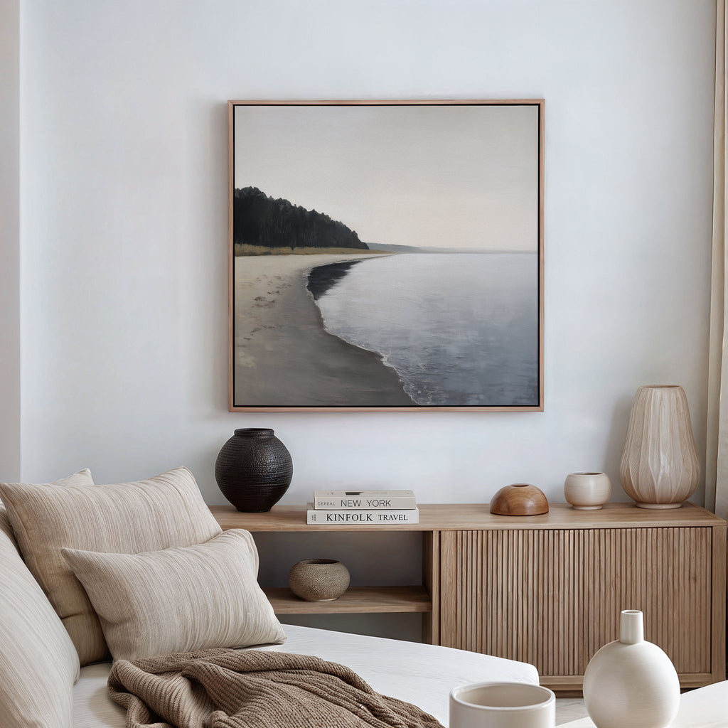 Quiet Tides at the Edge of Pines – neutral-toned coastal canvas wall art print by Aspire Prints