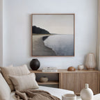 Quiet Tides at the Edge of Pines – neutral-toned coastal canvas wall art print by Aspire Prints