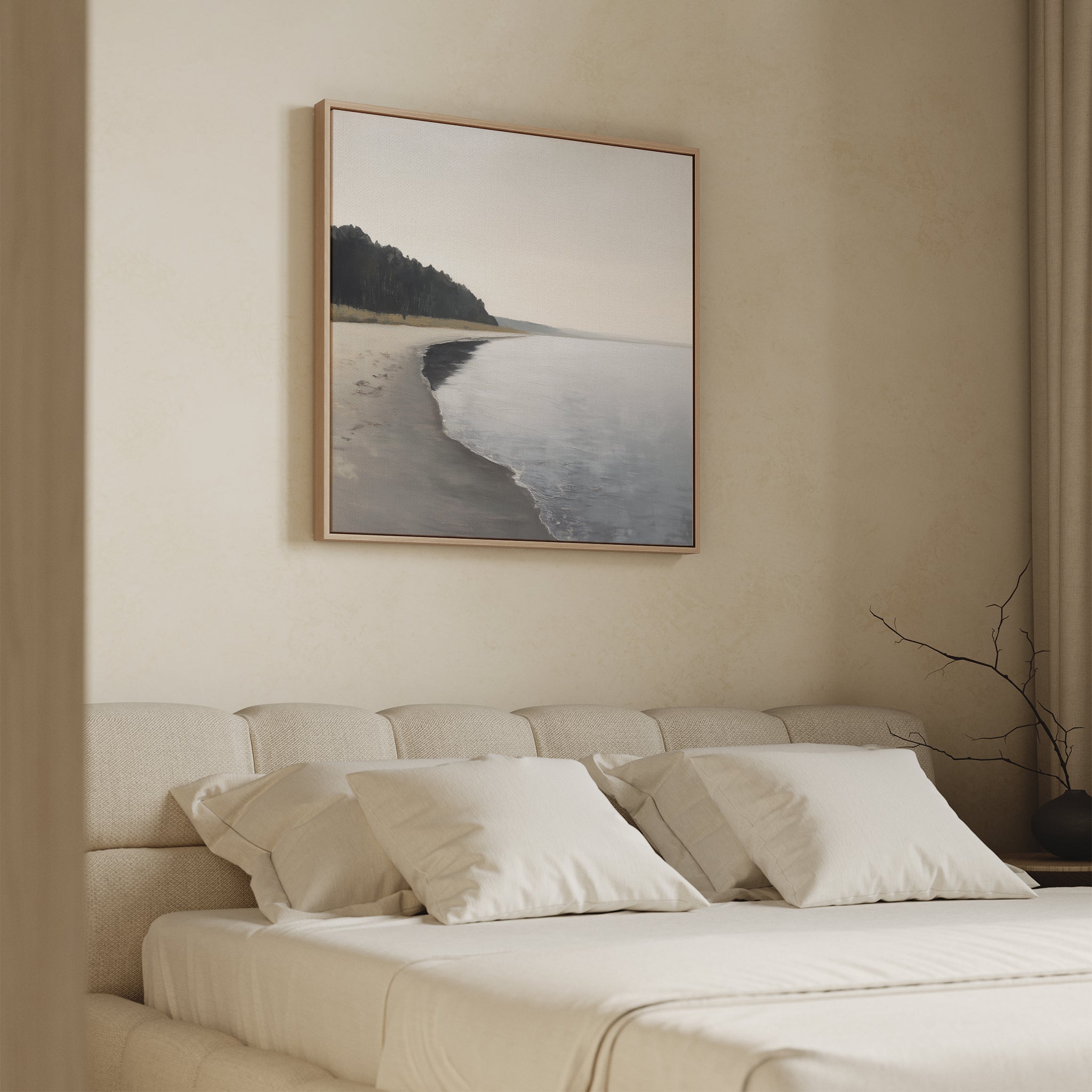 Quiet Tides at the Edge of Pines – neutral-toned coastal canvas wall art print by Aspire Prints