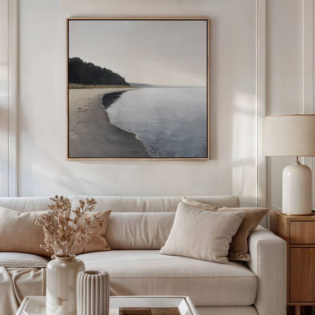 Quiet Tides at the Edge of Pines – neutral-toned coastal canvas wall art print by Aspire Prints