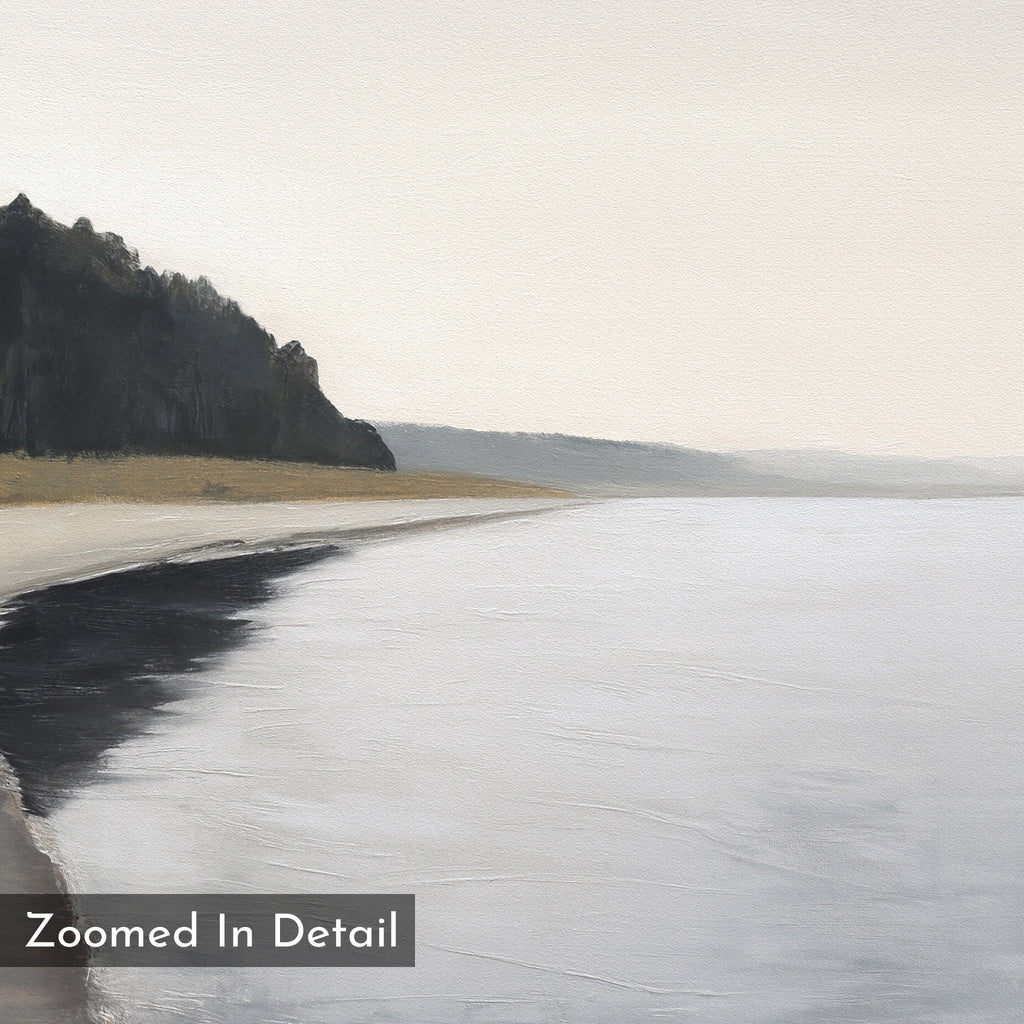 Quiet Tides at the Edge of Pines – neutral-toned coastal canvas wall art print by Aspire Prints
