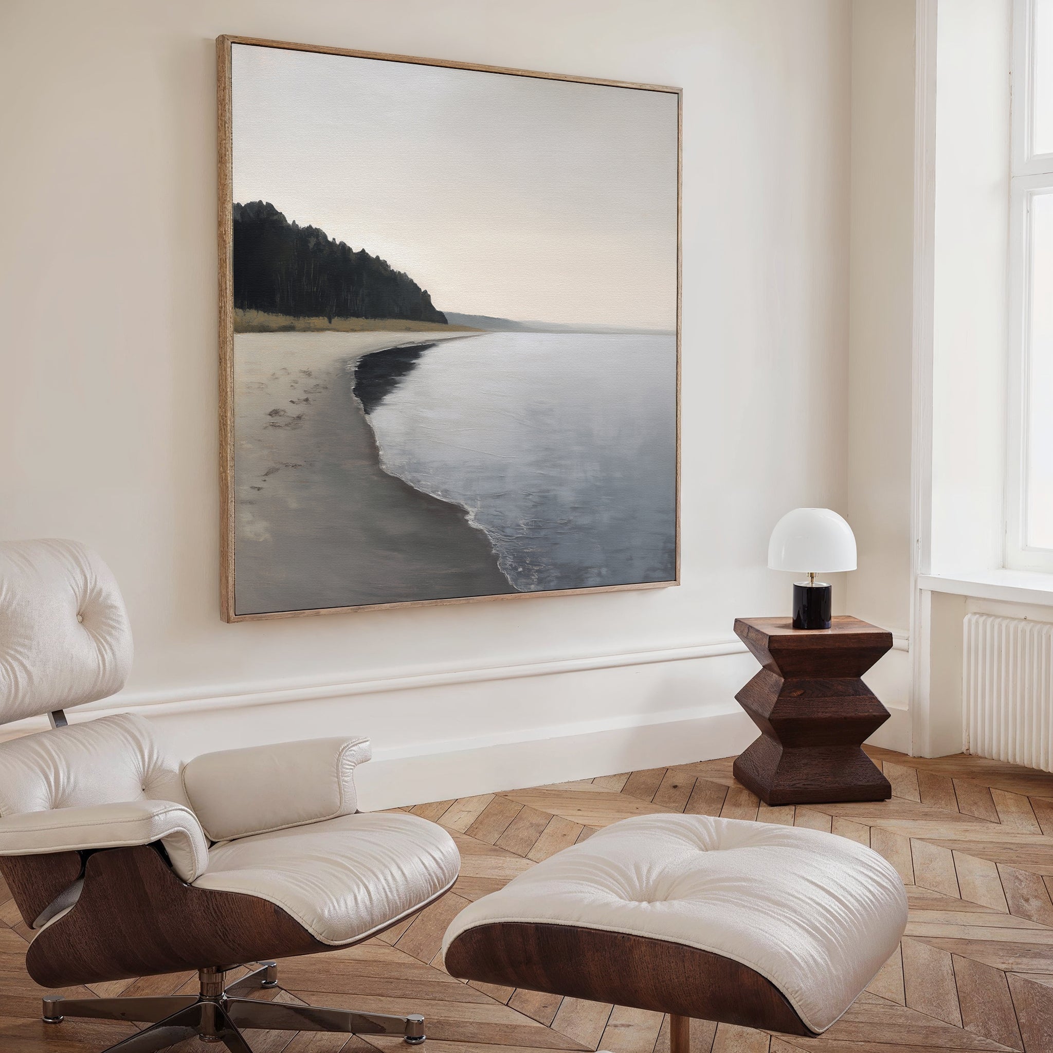 Quiet Tides at the Edge of Pines – neutral-toned coastal canvas wall art print by Aspire Prints