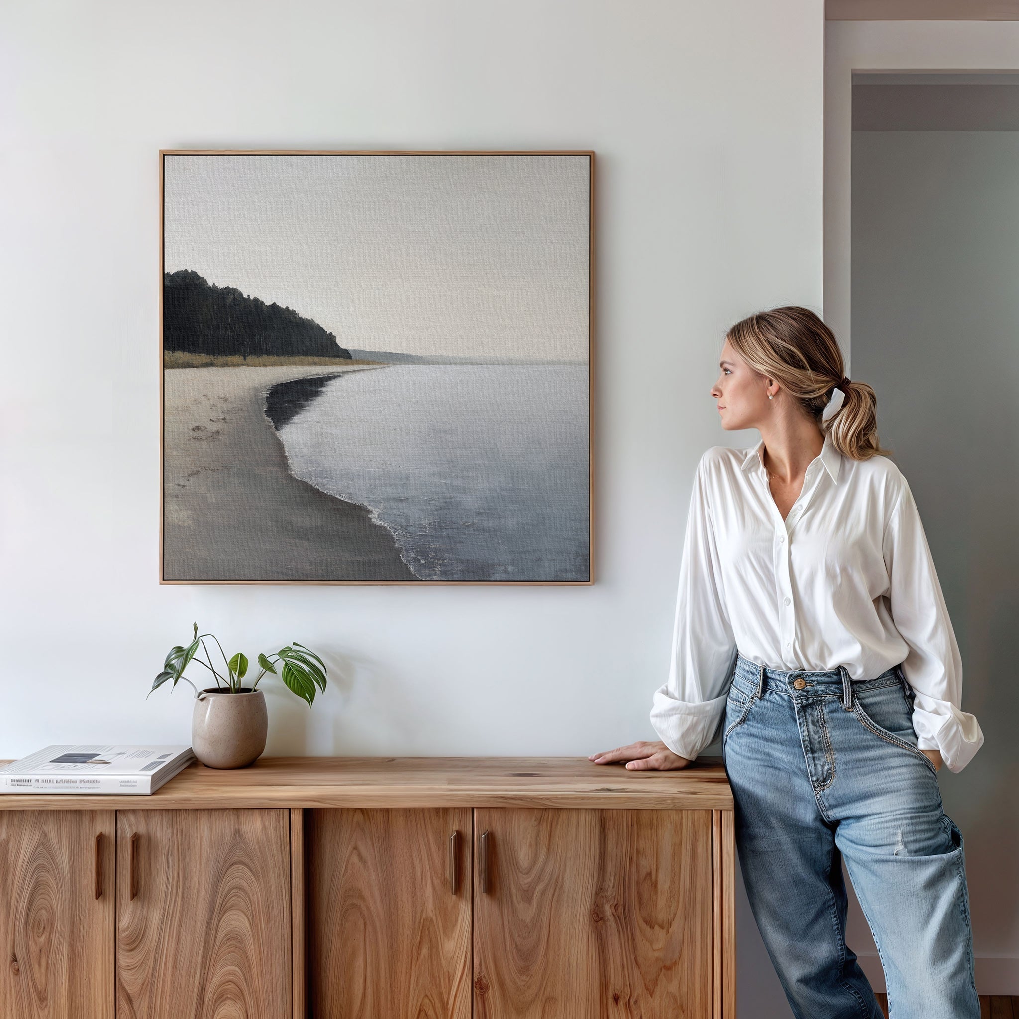 Quiet Tides at the Edge of Pines – neutral-toned coastal canvas wall art print by Aspire Prints