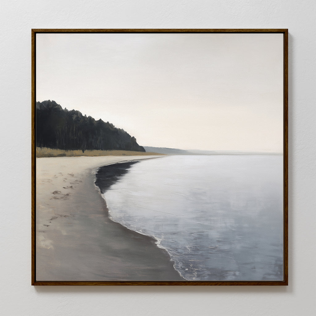 Quiet Tides at the Edge of Pines – neutral-toned coastal canvas wall art print by Aspire Prints