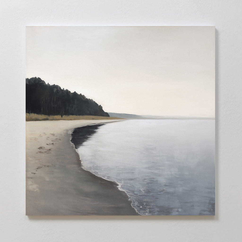 Quiet Tides at the Edge of Pines – neutral-toned coastal canvas wall art print by Aspire Prints
